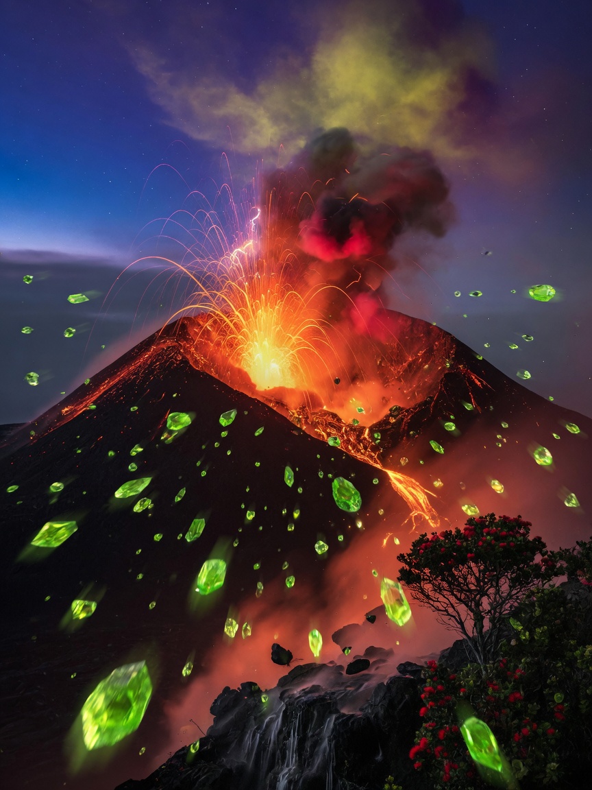 Stunning ultra-realistic image of Hawaiian volcano erupting at night with glowing green Peridot crystals falling like tears of goddess Pele, dramatic cinematic lighting, mythological atmosphere