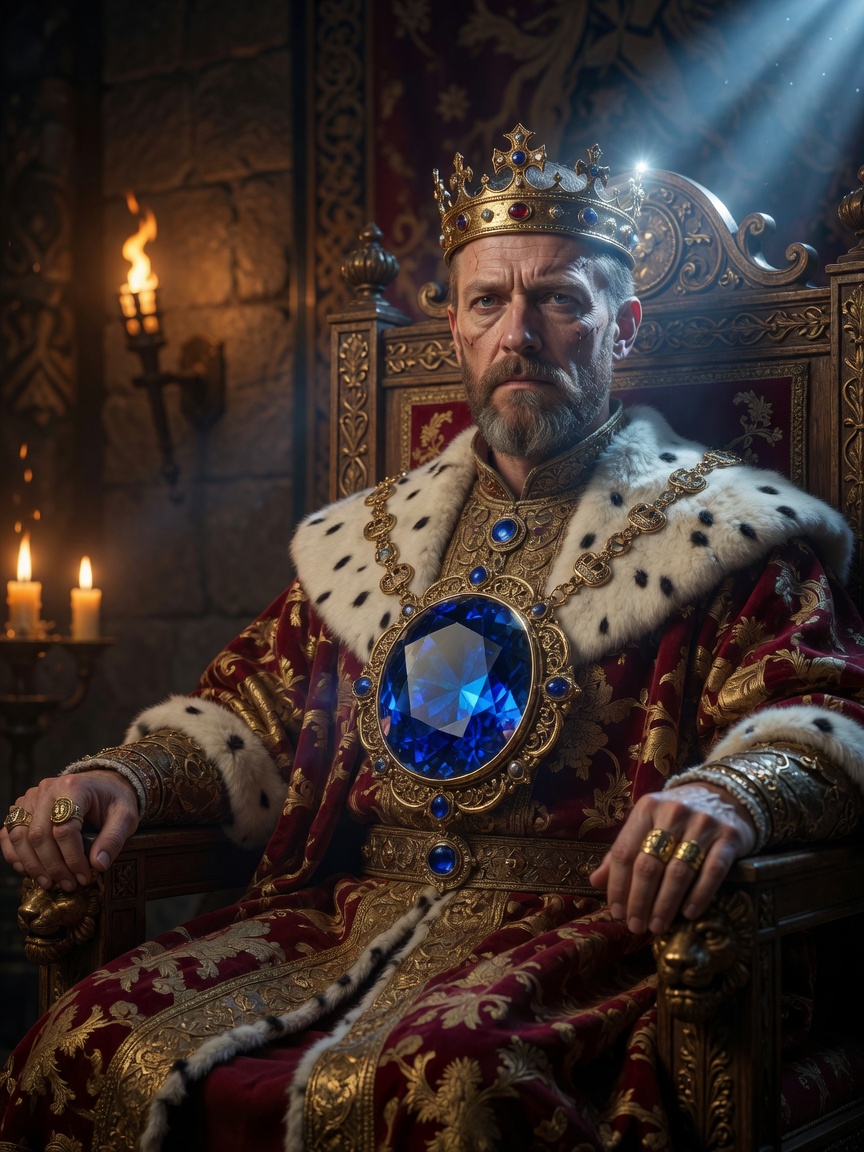 Cinematic 8K portrait of a medieval king wearing a large sapphire amulet while sitting on a throne, rich royal robes, dramatic lighting, ultra-detailed facial features and gemstone reflection