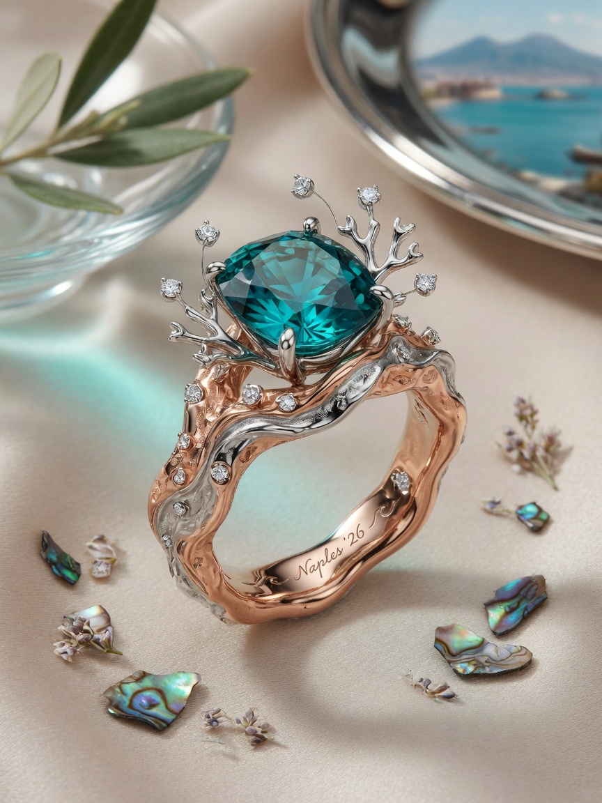 Ultra-realistic 8K rendering of 2026 custom engagement ring trend: organic fluid rose gold and platinum mixed metal band with teal sapphire center stone, floating diamond accents, coastal Naples aesthetic