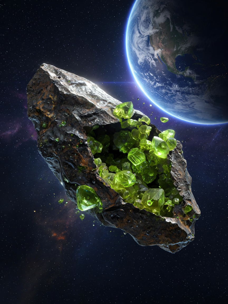 Meteorite fragment containing vibrant Peridot crystals floating in deep space with Earth visible in background, cosmic lighting, ultra-detailed 8K astronomical visualization