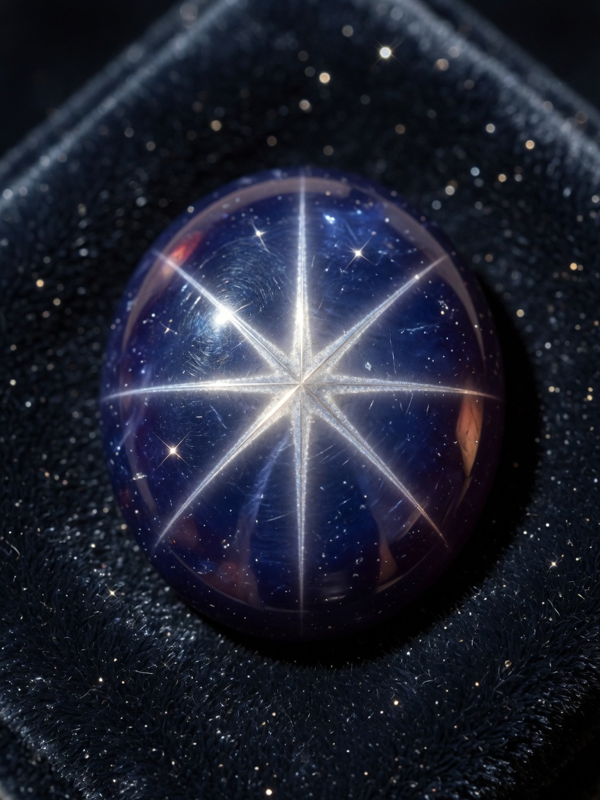 Ultra-detailed 8K macro photograph of a star sapphire cabochon showing perfect six-rayed asterism, deep blue color with silver star, placed on dark velvet with subtle sparkle effects