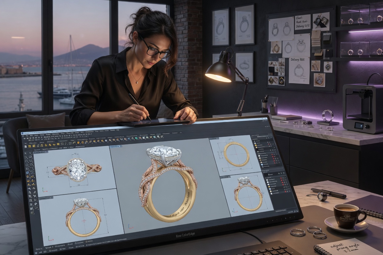 Professional 8K image of CAD designer working on large monitor showing multiple angles of custom engagement ring 3D model, modern Naples jewelry studio environment