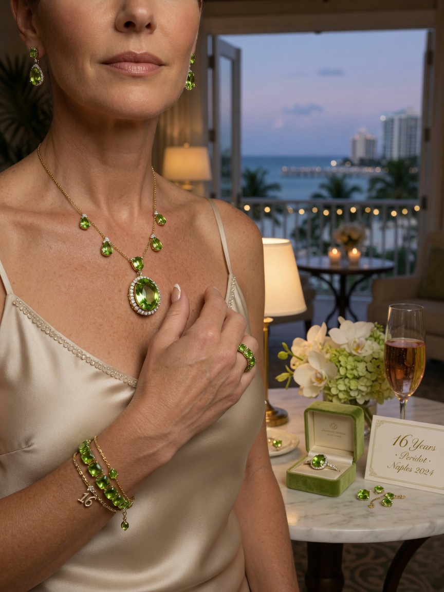Elegant 16th wedding anniversary celebration scene featuring beautiful Peridot jewelry on a woman, soft romantic lighting, luxury lifestyle setting in Naples Florida
