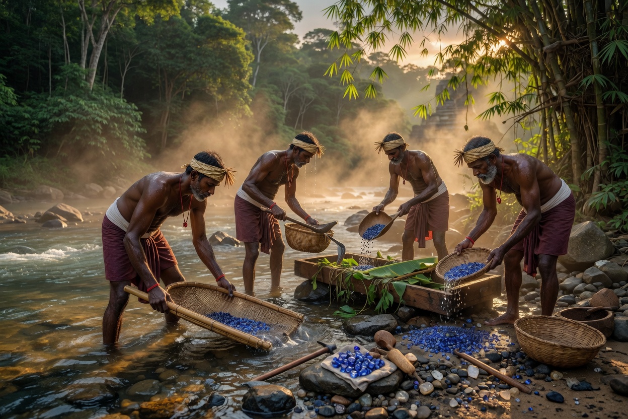 Hyper-realistic 8K image of ancient Sri Lankan sapphire miners working in a riverbed with traditional tools, misty jungle background, golden hour lighting, historical accuracy