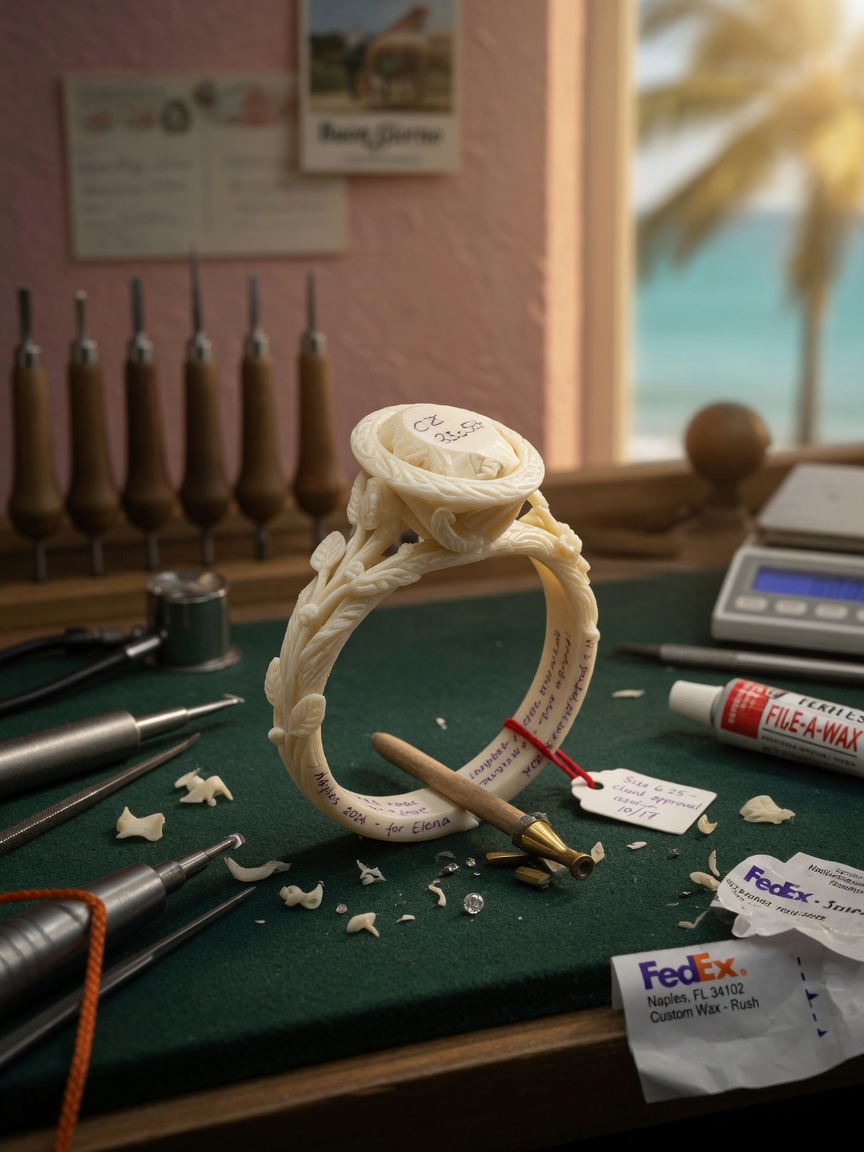 Beautiful 8K close-up of wax model of custom engagement ring on jeweler's bench in Naples FL workshop, intricate details visible, tools softly blurred in background