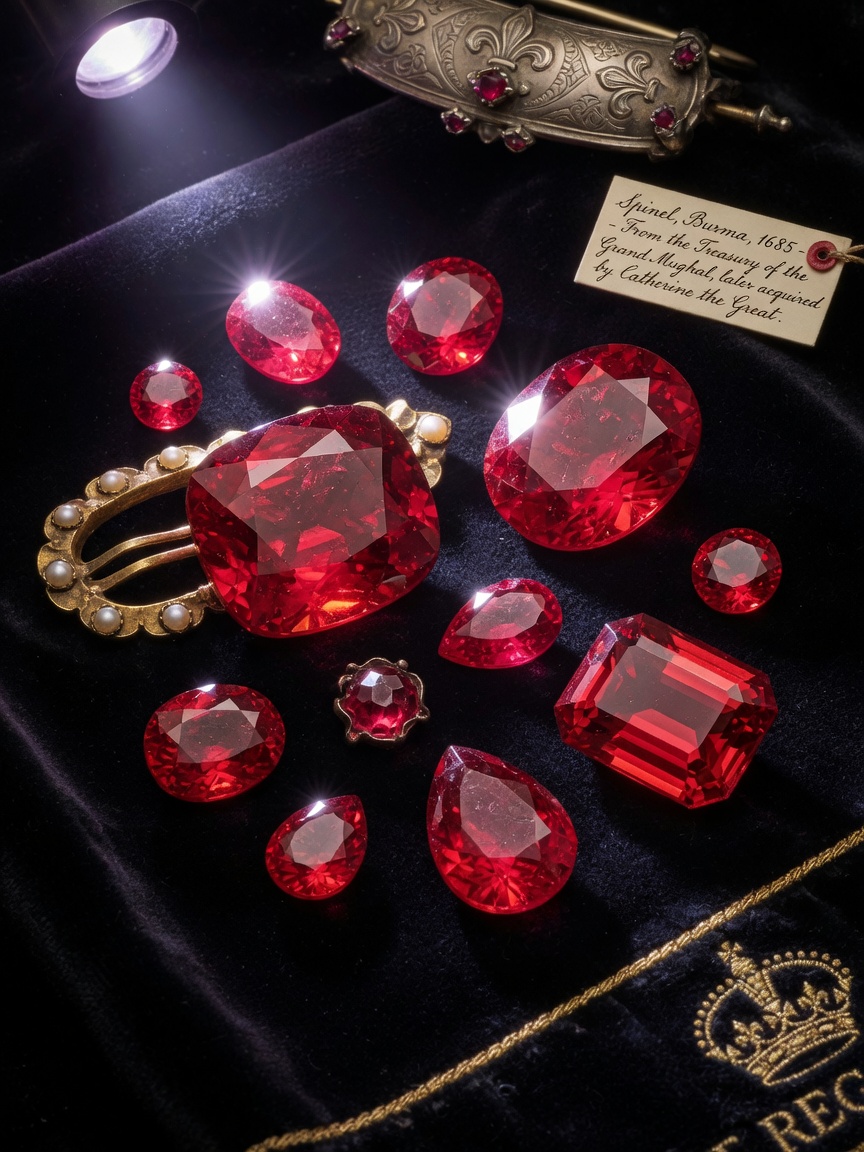 Vivid red Spinel gemstones of various cuts and sizes arranged on black velvet with historical royal jewelry context, museum quality lighting, 8K detail