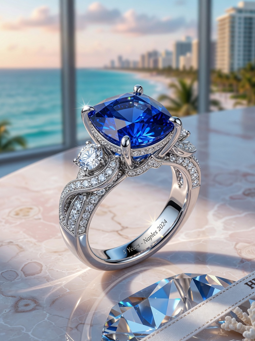 Luxury 8K product photography of a custom sapphire anniversary ring for 5th wedding anniversary, elegant 18k white gold setting, brilliant cut diamonds accenting a vivid blue sapphire, Naples Florida elegant background