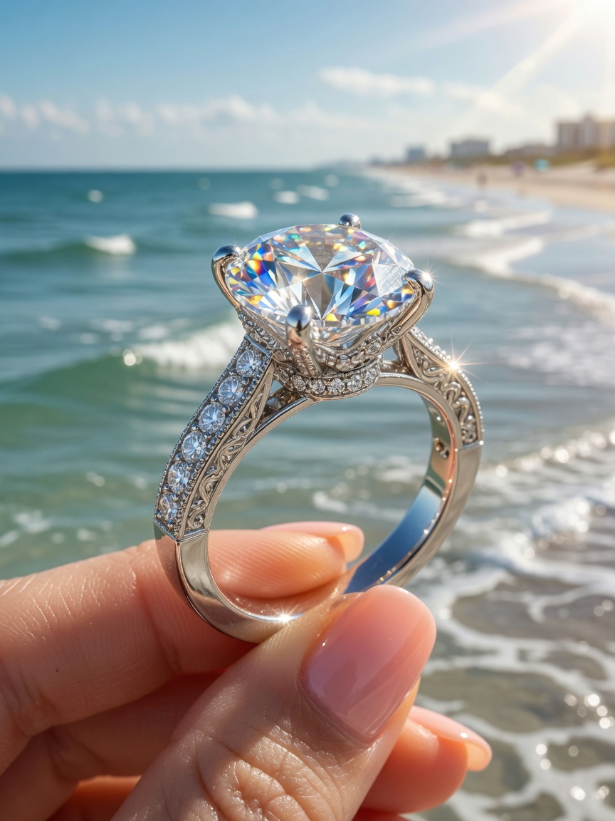 Ultra-realistic 8K photograph of finished custom engagement ring in 18K palladium white gold with hidden halo, sparkling under bright Florida sunlight with ocean in soft focus background