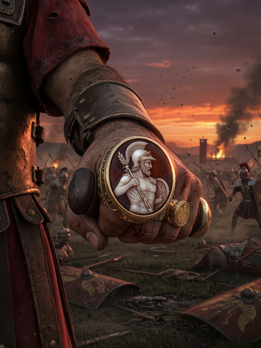 Ancient Roman warrior wearing Sardonyx engraved ring with Mars god carving, historical accuracy, dramatic battlefield setting, ultra-realistic 8K historical reconstruction