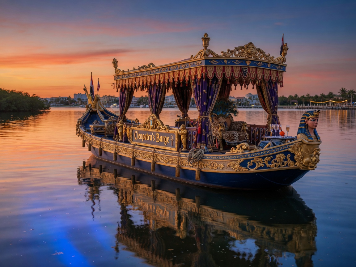 Ultra-realistic 8K image of a Venetian-style royal barge named Cleopatra’s Barge floating on calm Naples, Florida bay waters at sunset with sapphire blue reflections in the water