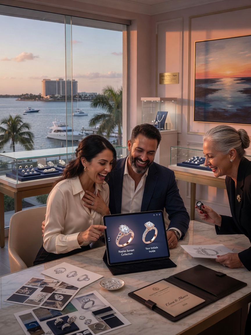 Elegant 8K image of happy engaged couple reviewing custom ring designs on tablet during consultation at upscale Naples waterfront jewelry store, genuine smiles and excitement