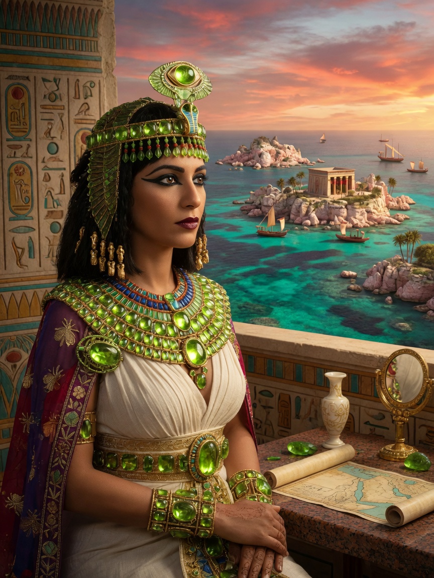 Cleopatra wearing magnificent Peridot jewelry from ancient Egypt, luxurious royal setting with Red Sea island background, cinematic historical portrait, 8K