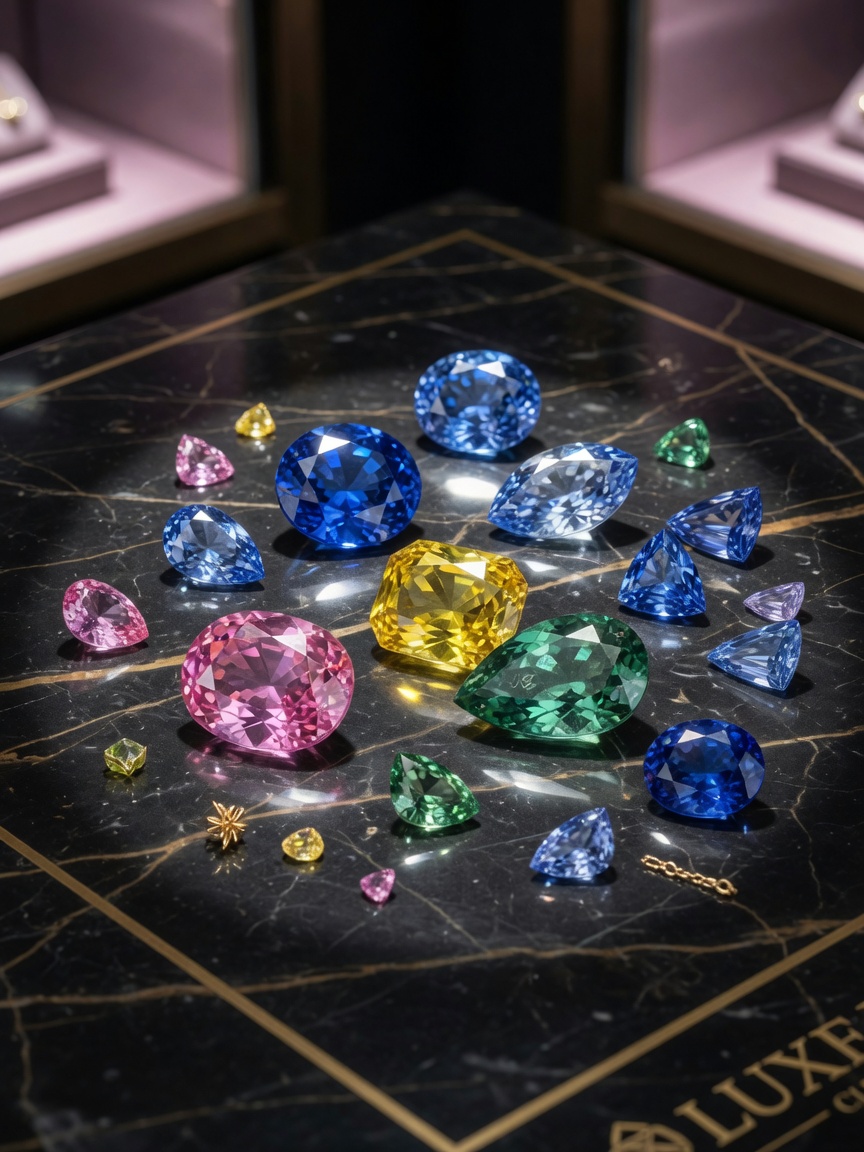 Dramatic 8K still life of various colored sapphires including pink, yellow, green, and blue varieties arranged artistically on black marble with gold accents, jewelry store lighting