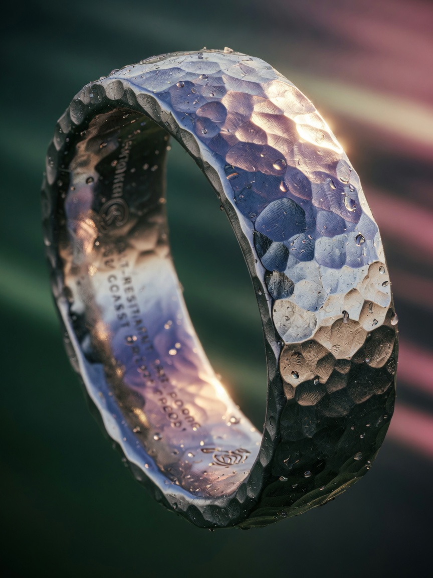 Detailed 8K macro shot showing hammered texture metal finish on custom engagement ring band designed to resist Florida humidity and salt air tarnish