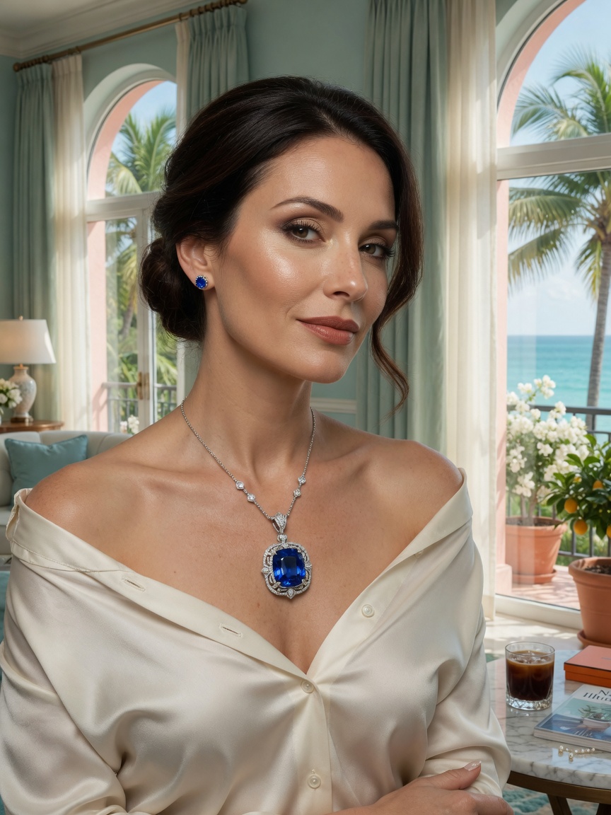 Hyper-detailed 8K portrait of a modern elegant woman in her 30s wearing a stunning sapphire pendant, soft natural window light, Naples Florida luxury lifestyle aesthetic