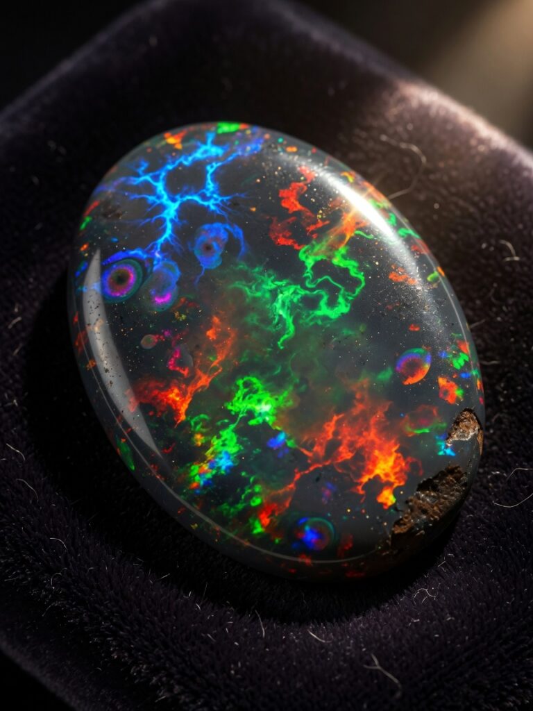 Ultra-realistic 8K close-up of a fiery Australian black opal displaying vivid play-of-color with flashes of electric blue, emerald green, and crimson red against a dark background, dramatic side lighting, photographed on dark velvet, jewelry photography style