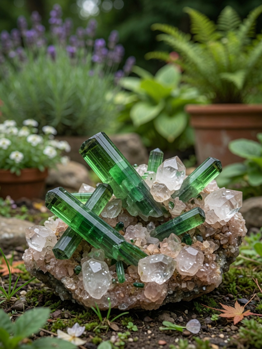 8K still life photograph of verdelite green tourmaline crystals growing naturally in matrix with quartz, outdoor garden setting with soft bokeh background, natural daylight