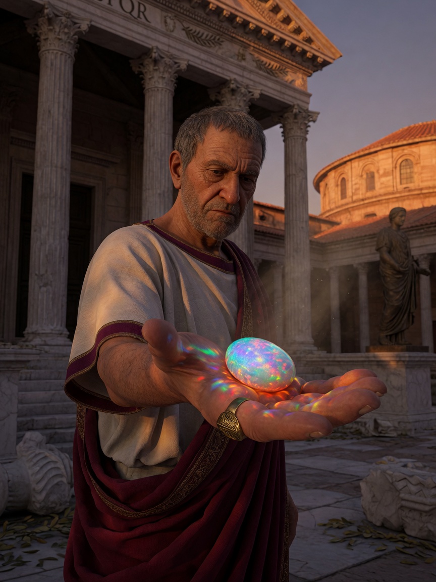 Atmospheric 8K image inspired by Roman antiquity: ancient Roman senator holding a large opal in his palm with classical architecture in background, warm dramatic lighting, historical yet realistic