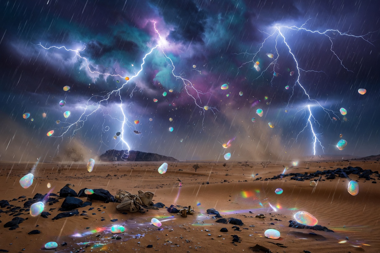 Ultra-realistic 8K depiction of Arabic lightning storm over desert with glowing opal stones falling from sky, cinematic lighting, mystical atmosphere
