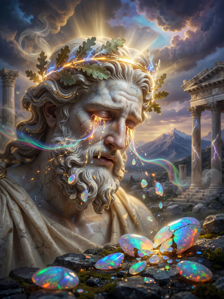 Mythological 8K scene of Greek god Zeus shedding luminous tears that transform into opals on the ground, ethereal golden light, classical painting style rendered photorealistically