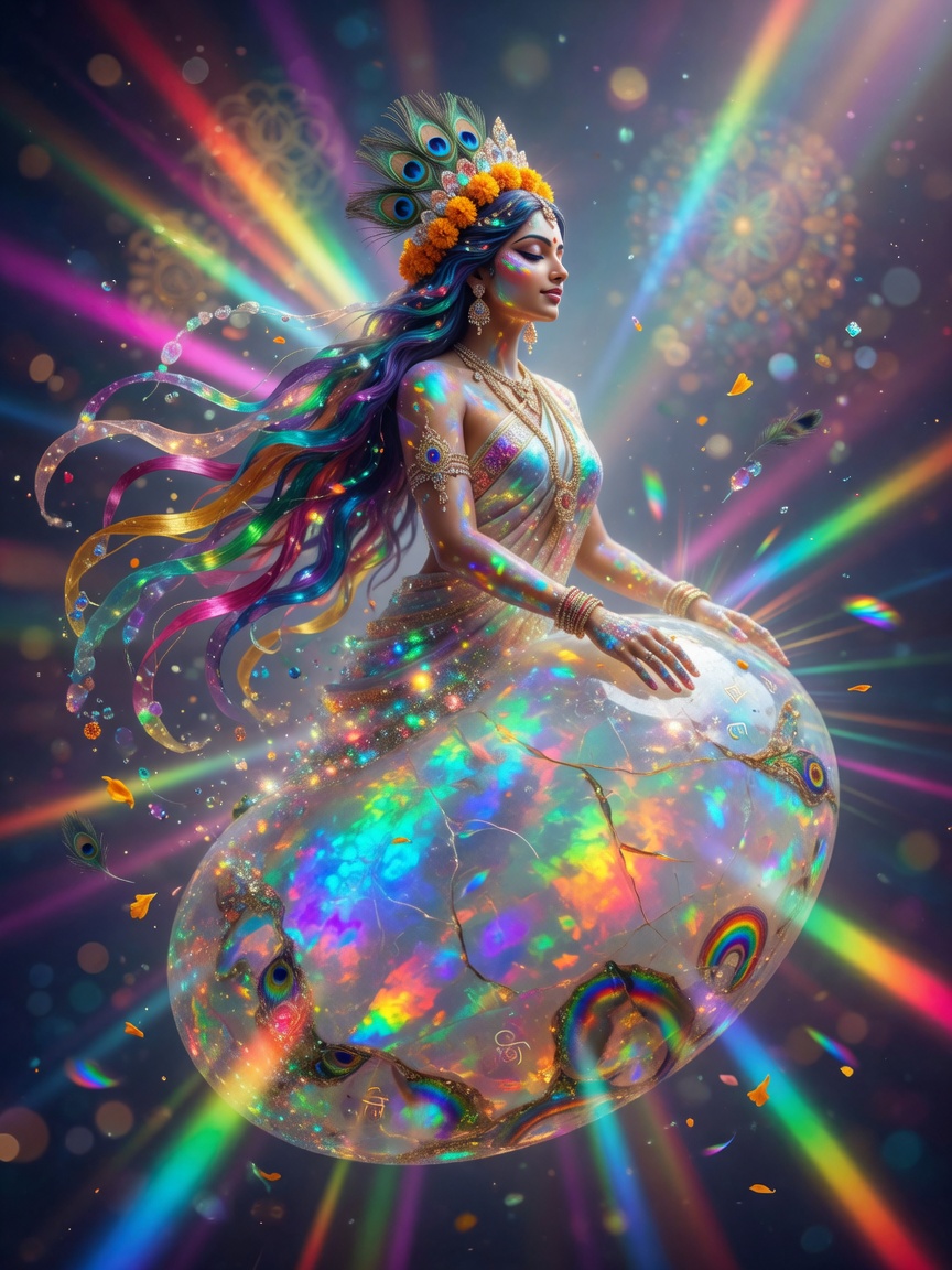 Beautiful 8K interpretation of Indian Goddess of Rainbow dissolving into shimmering opal stone surrounded by colorful light rays, spiritual and luminous, ultra-detailed
