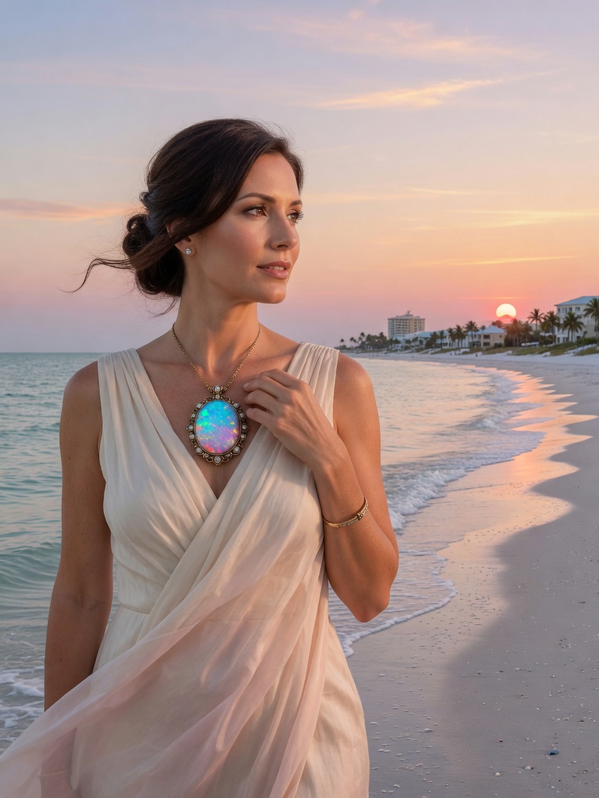 Elegant 8K portrait of a sophisticated woman in Naples Florida wearing an opal pendant at sunset on the beach, soft pastel sky, gentle waves, luxurious yet natural