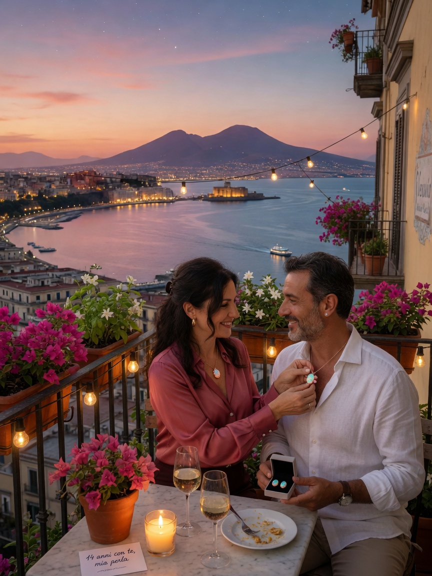 Ultra-realistic 8K image of a couple celebrating their 14th anniversary exchanging opal jewelry on a Naples balcony overlooking the Gulf at twilight, warm intimate lighting