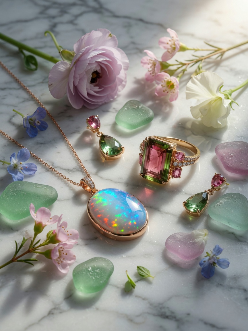 Luxury paired still life 8K photograph featuring both opal and tourmaline jewelry pieces arranged together with fresh flowers and sea glass on a marble surface, soft natural light, high-end jewelry photography