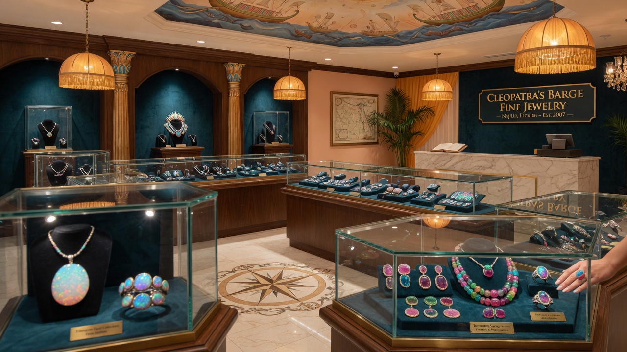 Inspirational 8K wide shot of Cleopatra’s Barge Fine Jewelry interior in Naples Florida with display cases containing glowing opal and colorful tourmaline pieces, warm inviting atmosphere, elegant retail photography