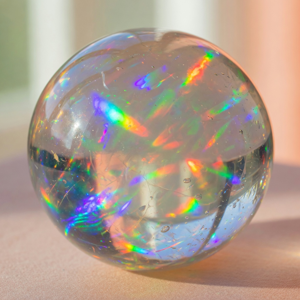 Hyper-detailed macro photograph of crystal opal sphere showing rainbow diffraction patterns and internal light play, soft diffused natural window light, Naples Florida morning light, ultra-realistic 8K
