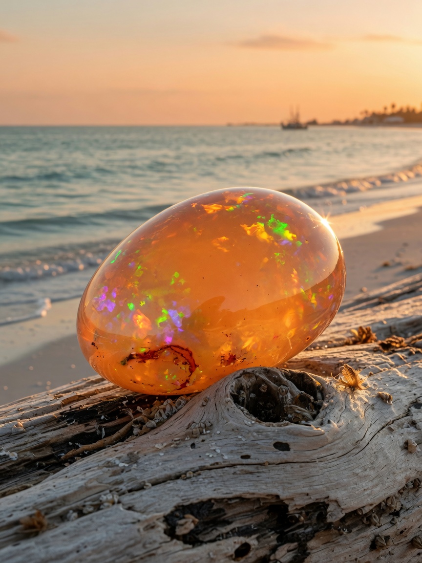 Exquisite 8K image of a large Mexican fire opal with warm orange body color and subtle play-of-color, resting on weathered driftwood with Gulf of Mexico in soft focus background, golden hour lighting