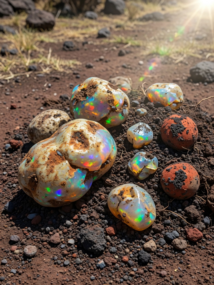 Ultra-realistic still life of rough Ethiopian opal nodules freshly extracted from volcanic soil, earthy tones with hints of color, natural outdoor setting in bright sunlight, 8K detail