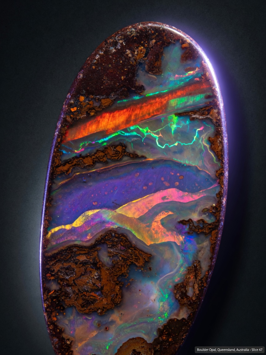 Dramatic 8K portrait of a boulder opal slice revealing intricate landscape-like patterns of ironstone and vivid color bars, macro detail, museum lighting