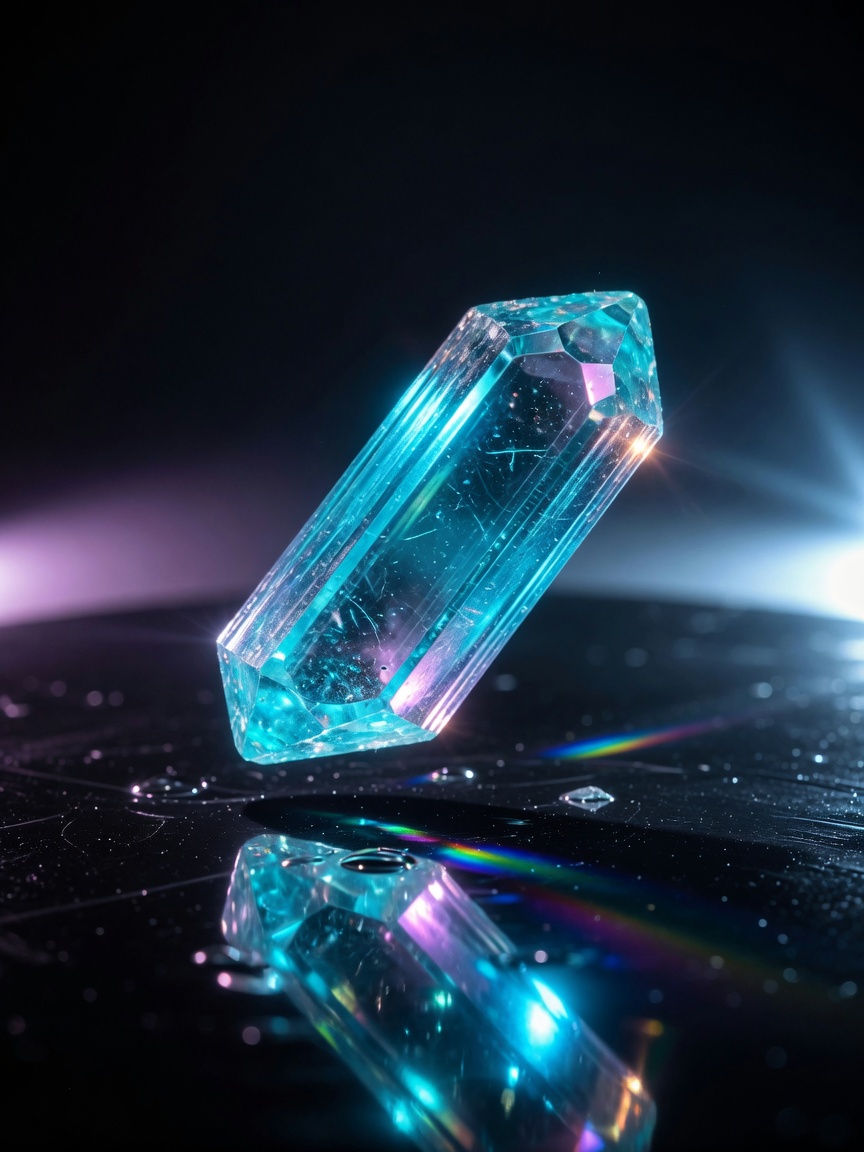Ultra-realistic 8K image of a rare neon blue Paraíba tourmaline crystal with perfect transparency and intense color, floating above black reflective surface with dramatic rim lighting