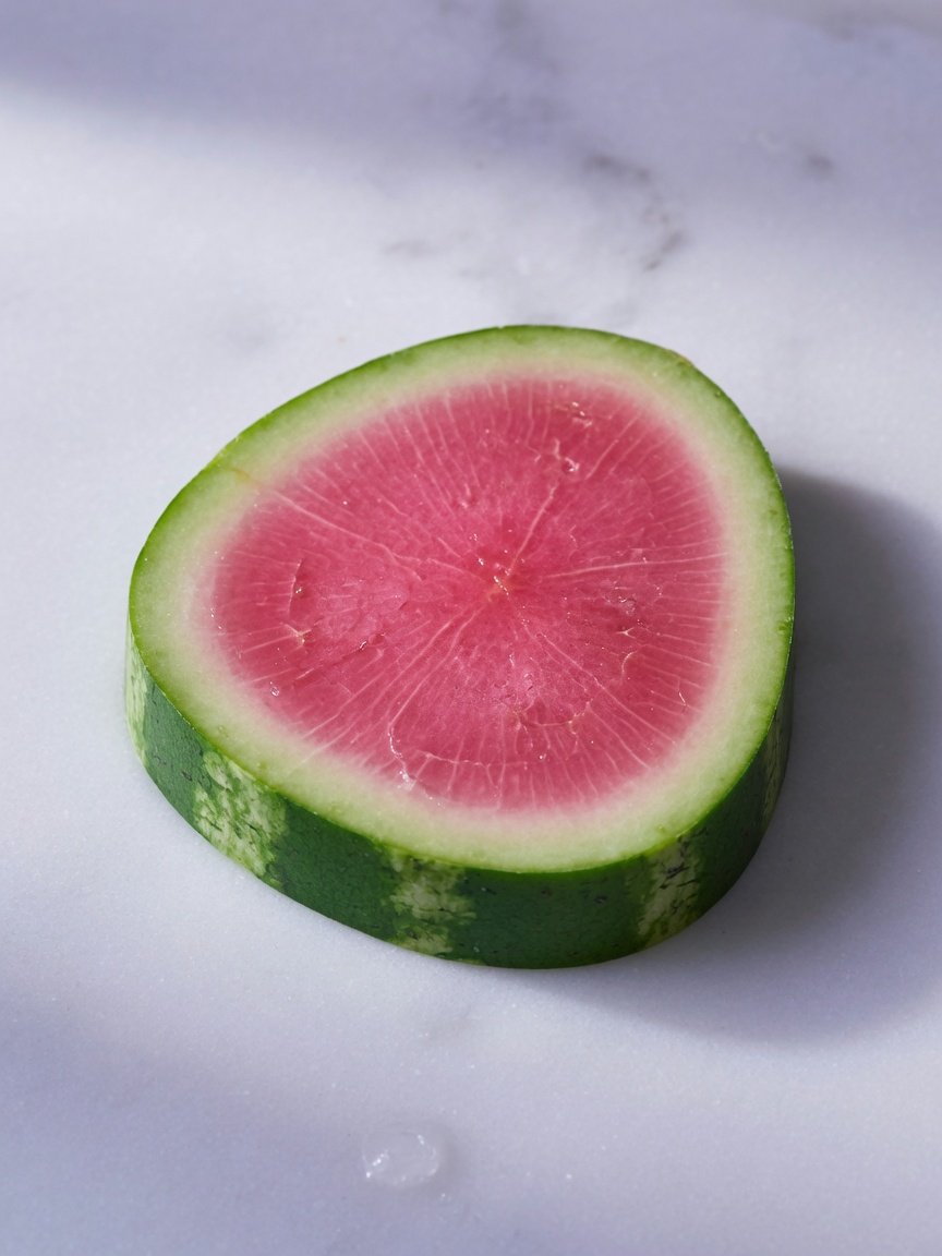 Hyper-detailed photograph of a perfectly sliced watermelon tourmaline cross-section showing distinct pink core and green outer layer, placed on white marble with soft shadows, 8K resolution