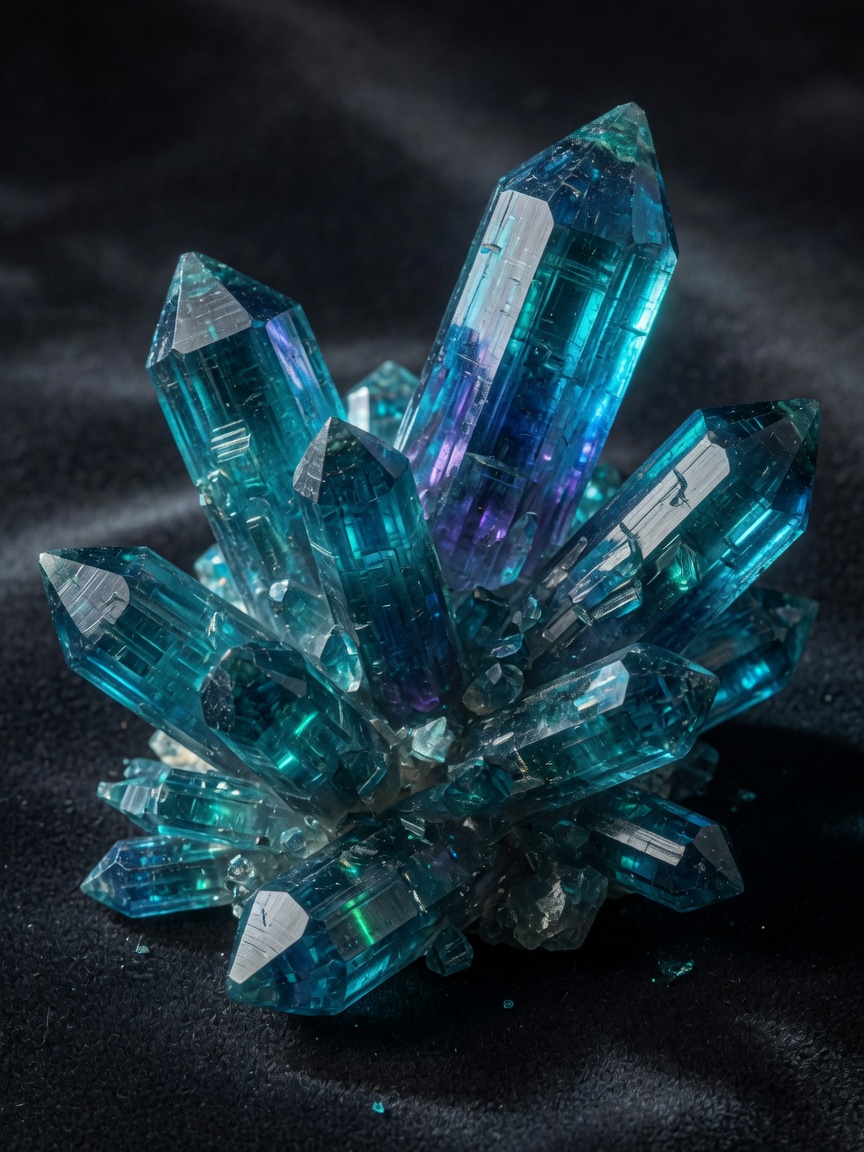 Luxury 8K image of indicolite blue tourmaline crystals in natural pencil form clustered together with subtle pleochroism visible, dramatic studio lighting, jewelry photography