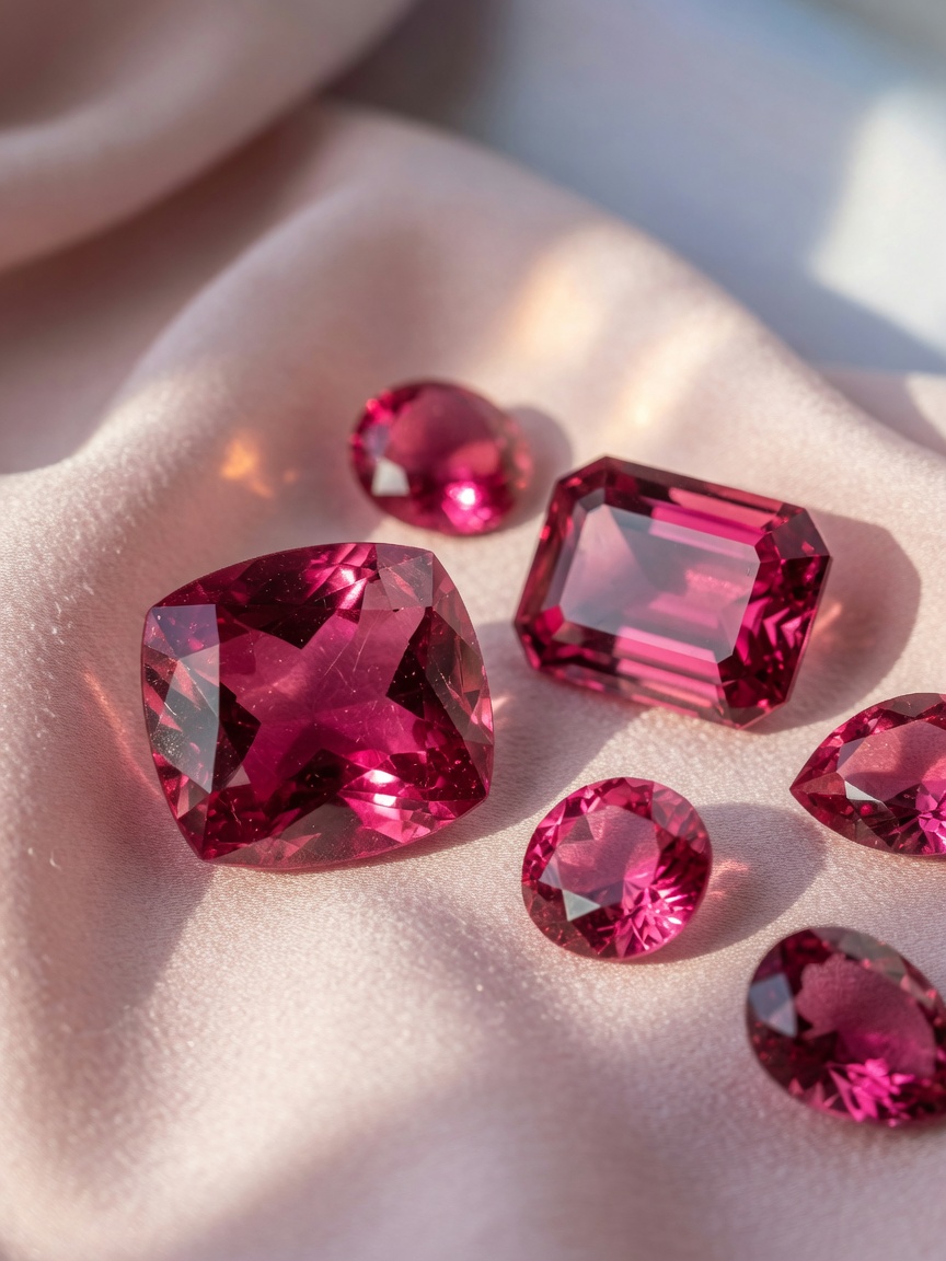 Ultra-realistic close-up of rubellite pink tourmaline gemstones cut in various shapes including cushion and emerald cut, arranged elegantly on pale pink silk fabric, soft window light